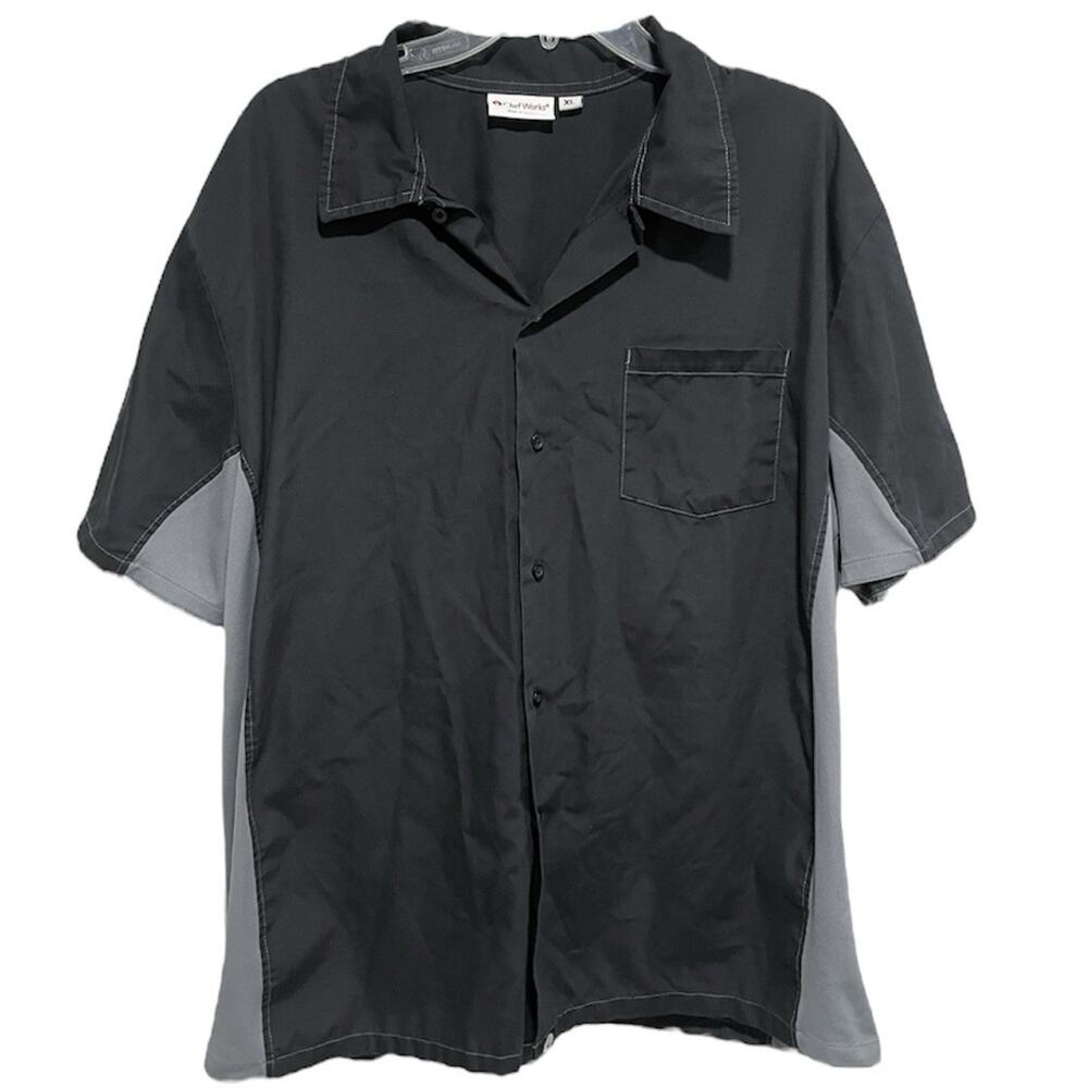 Chefworks Mens Button Down Shirt Uniform XL Black Gray Kitchen Pocket Collared